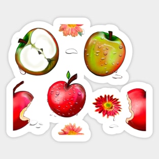 Wet red and green apples and flower with water droplets Sticker